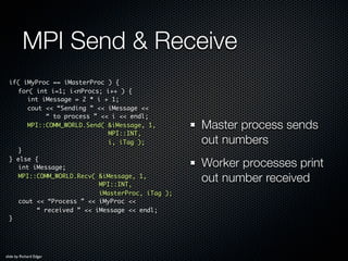 Six Basic MPI Routines

                Have now encounted six MPI routines
                MPI::Init(), MPI::Finalize()
 ...