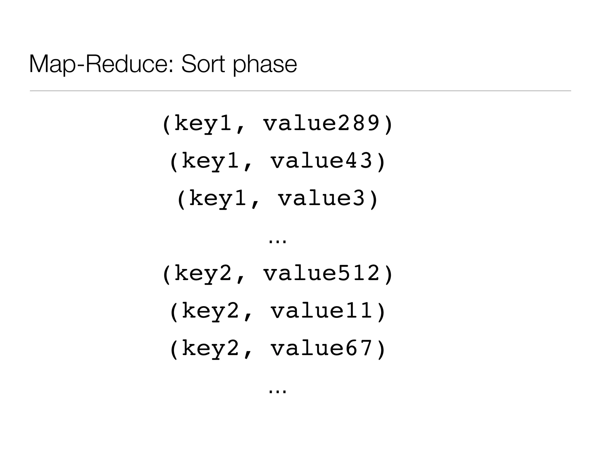 Map-Reduce: Sort phase

          (key1, value289)
           (key1, value43)
           (key1, value3)
                 ...
          (key2, value512)
           (key2, value11)
           (key2, value67)
                   ...
 