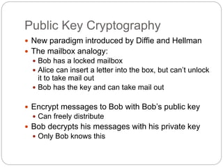 Public Key Cryptography
 New paradigm introduced by Diffie and Hellman
 The mailbox analogy:
 Bob has a locked mailbox
...