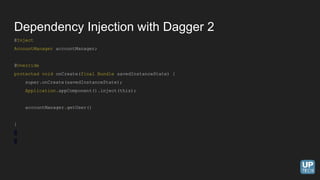 @Inject
AccountManager accountManager;
@Override
protected void onCreate(final Bundle savedInstanceState) {
super.onCreate(savedInstanceState);
Application.appComponent().inject(this);
accountManager.getUser()
}
Dependency Injection with Dagger 2
 