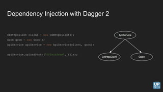 Dependency Injection with Dagger 2
OkHttpClient client = new OkHttpClient();
Gson gson = new Gson();
ApiService apiService = new ApiService(client, gson);
apiService.uploadPhoto("UPTechTeam", file);
 