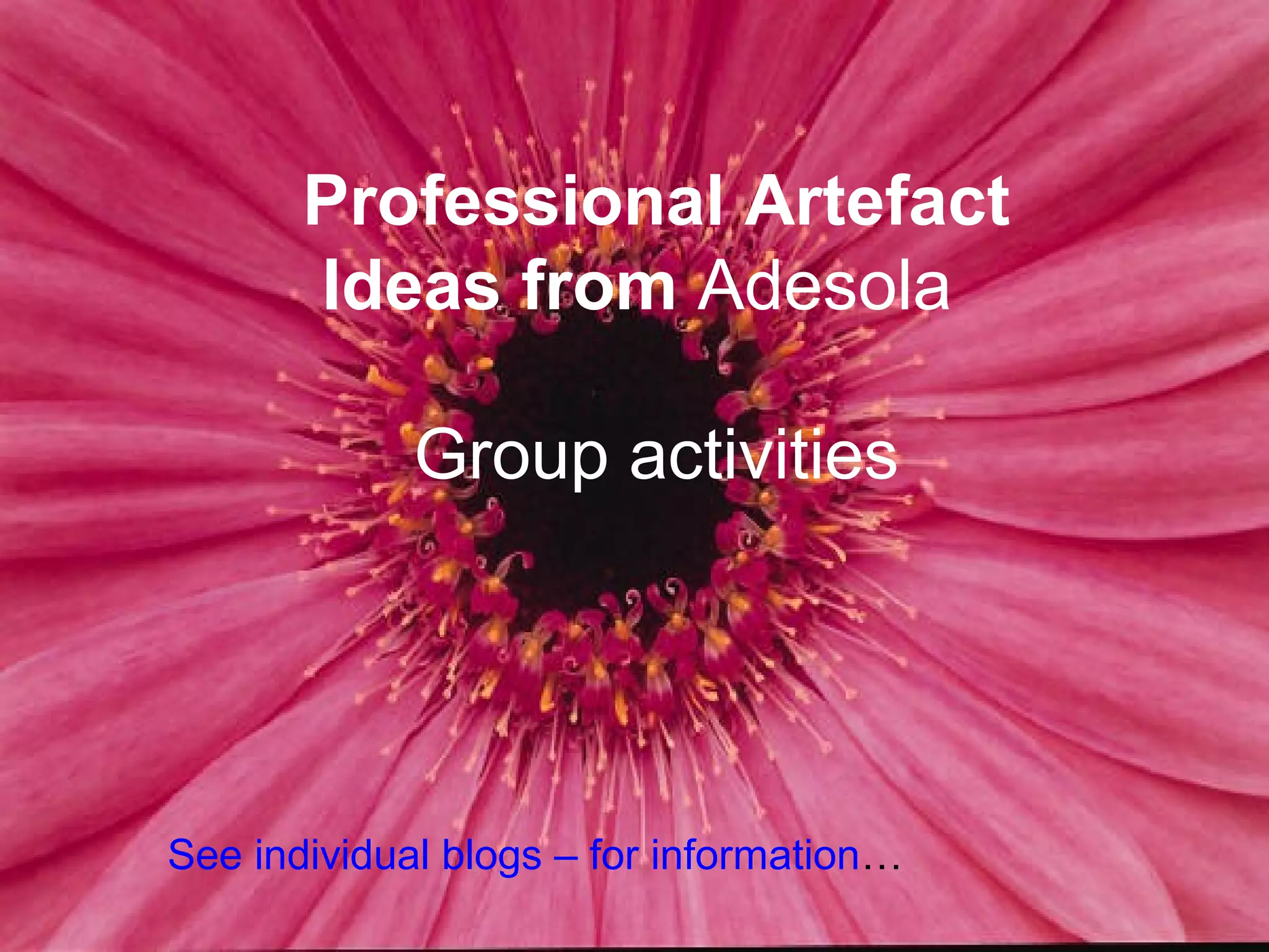Professional Artefact
       Ideas from Adesola

             Group activities




See individual blogs – for information…
 