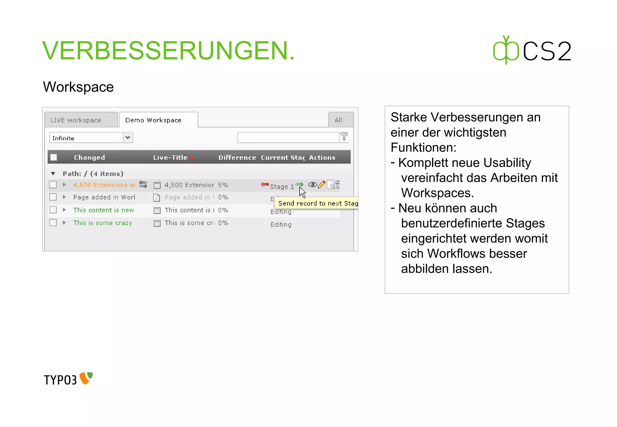 VERBESSERUNGEN . Workspace Starke Verbesserungen an einer der wichtigsten Funktionen: Komplett neue Usability    vereinfacht das Arbeiten mit    Workspaces. Neu können auch    benutzerdefinierte Stages    eingerichtet werden womit    sich Workflows besser    abbilden lassen. 