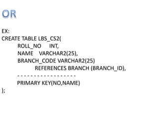 EX:
CREATE TABLE LBS_CS2(
ROLL_NO INT,
NAME VARCHAR2(25),
BRANCH_CODE VARCHAR2(25)
REFERENCES BRANCH (BRANCH_ID),
- - - - - - - - - - - - - - - - - -
PRIMARY KEY(NO,NAME)
);
 