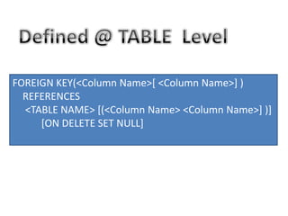FOREIGN KEY(<Column Name>[ <Column Name>] )
REFERENCES
<TABLE NAME> [(<Column Name> <Column Name>] )]
[ON DELETE SET NULL]
 