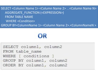 SELECT <Column Name 1> <Column Name 2> . .<Column Name N>
AGGREGATE_FUNCTION (<EXPRESSION>)
FROM TABLE NAME
WHERE <Condition>
GROUP BY<ColumnName 1> <Column Name 2>.<ColumnNameN >
 