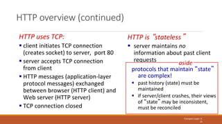 HTTP overview (continued)
Transport Layer: 3-
21
HTTP uses TCP:
 client initiates TCP connection
(creates socket) to serv...