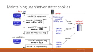 Maintaining user/server state: cookies
Transport Layer: 3-
35
client
server
usual HTTP response msg
usual HTTP response ms...