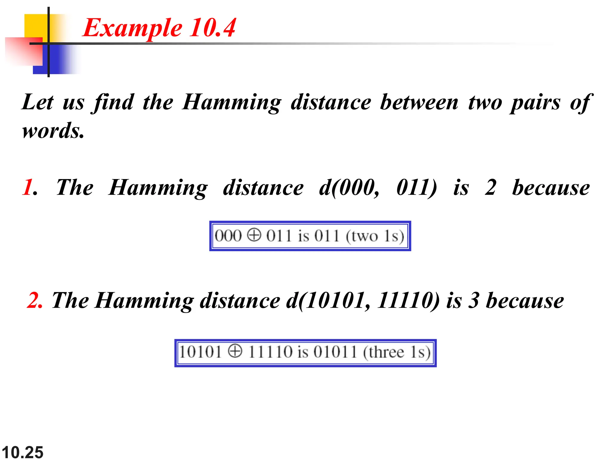 10.25 Let us find the Hamming distance between two pairs of words. 1. The Hamming distance d(000, 011) is 2 because Example 10.4 2. The Hamming distance d(10101, 11110) is 3 because 