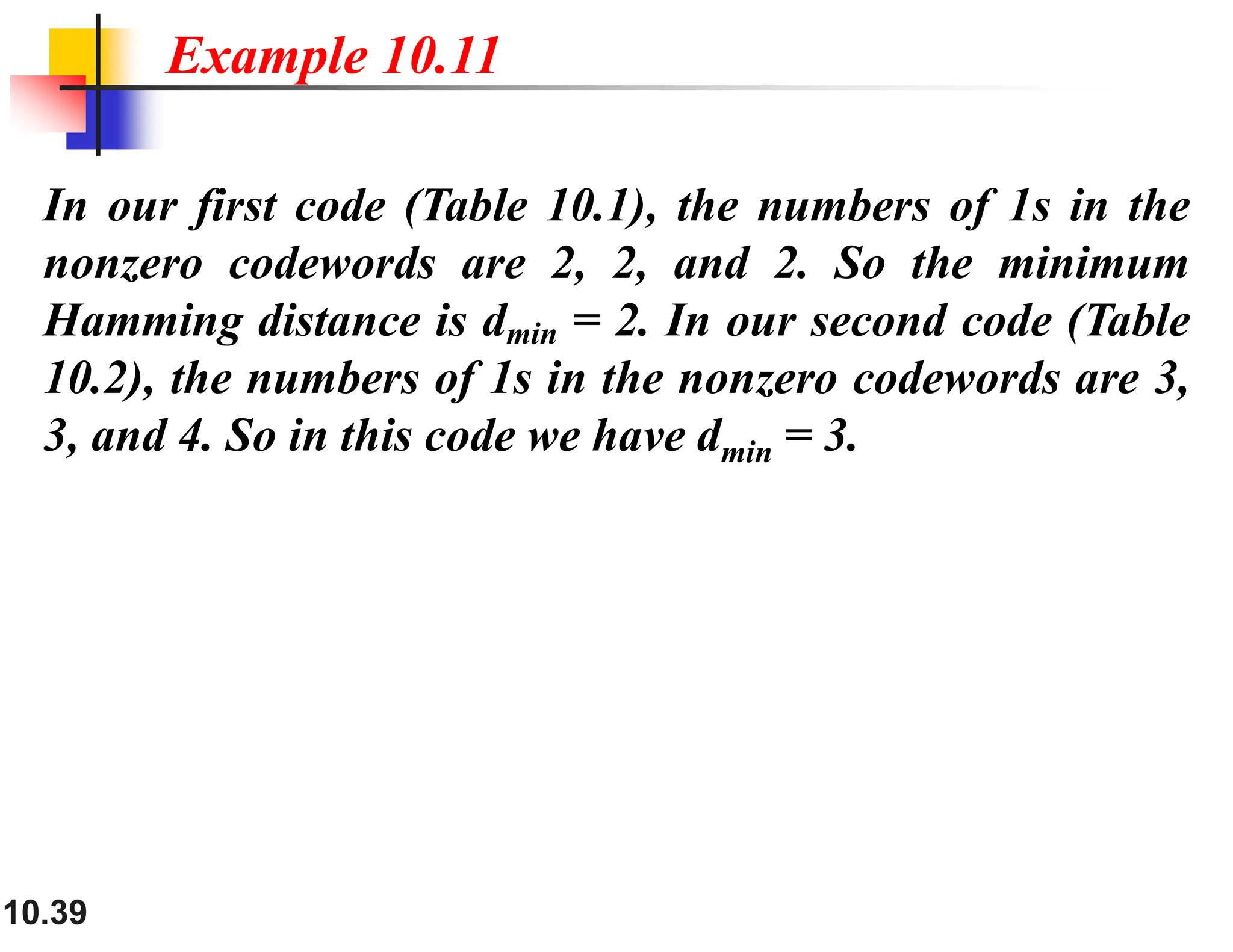 10.39 In our first code (Table 10.1), the numbers of 1s in the nonzero codewords are 2, 2, and 2. So the minimum Hamming distance is dmin = 2. In our second code (Table 10.2), the numbers of 1s in the nonzero codewords are 3, 3, and 4. So in this code we have dmin = 3. Example 10.11 