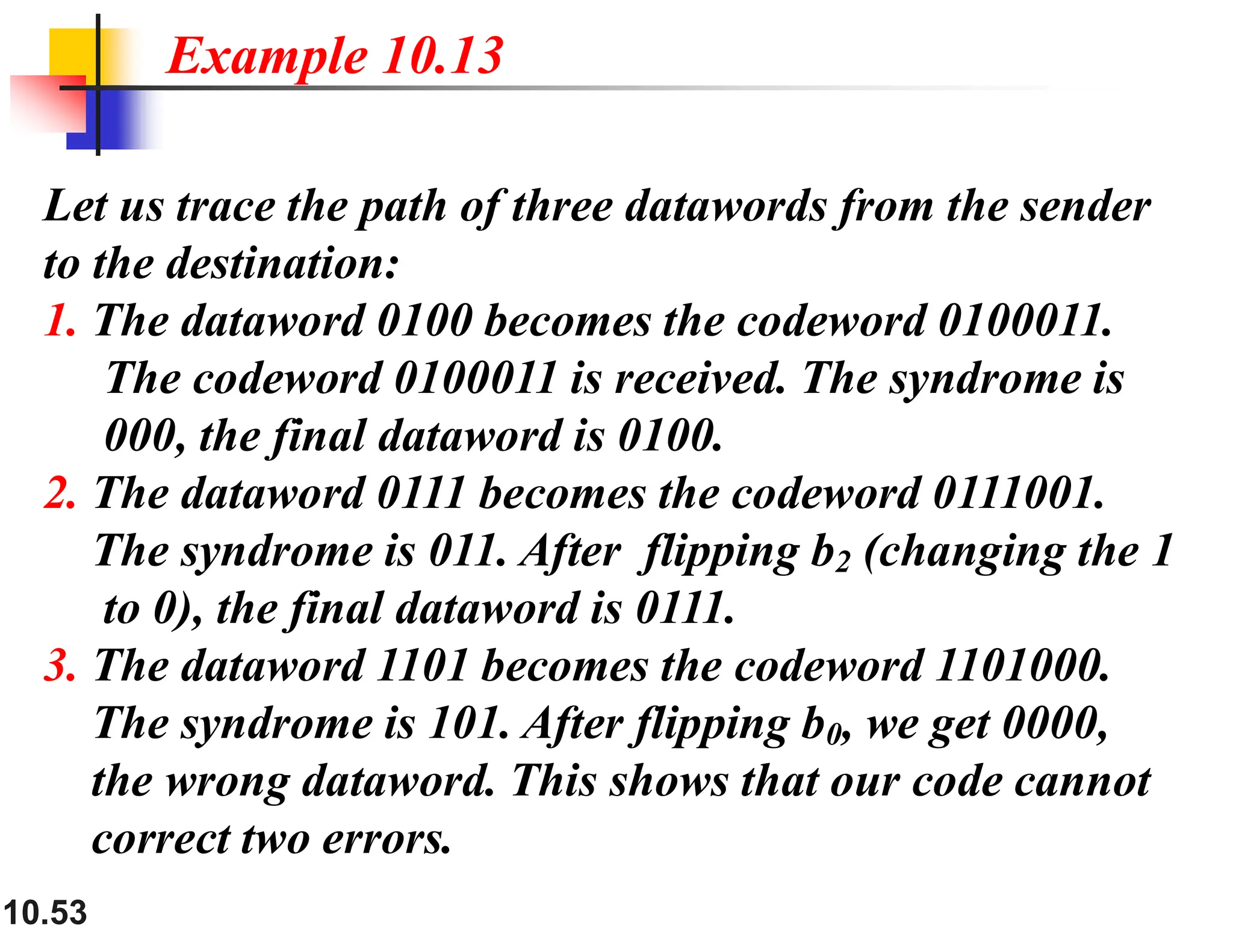 10.53 Let us trace the path of three datawords from the sender to the destination: 1. The dataword 0100 becomes the codeword 0100011. The codeword 0100011 is received. The syndrome is 000, the final dataword is 0100. 2. The dataword 0111 becomes the codeword 0111001. The syndrome is 011. After flipping b2 (changing the 1 to 0), the final dataword is 0111. 3. The dataword 1101 becomes the codeword 1101000. The syndrome is 101. After flipping b0, we get 0000, the wrong dataword. This shows that our code cannot correct two errors. Example 10.13 