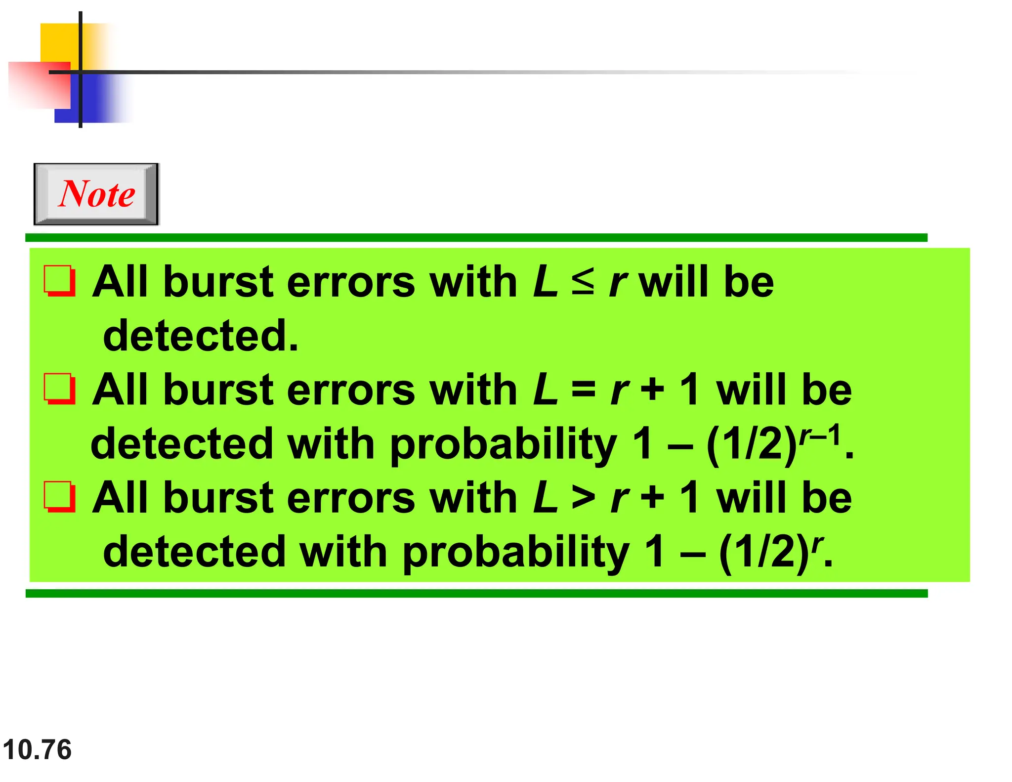 10.76 ❏ All burst errors with L ≤ r will be detected. ❏ All burst errors with L = r + 1 will be detected with probability 1 – (1/2)r–1. ❏ All burst errors with L > r + 1 will be detected with probability 1 – (1/2)r. Note 