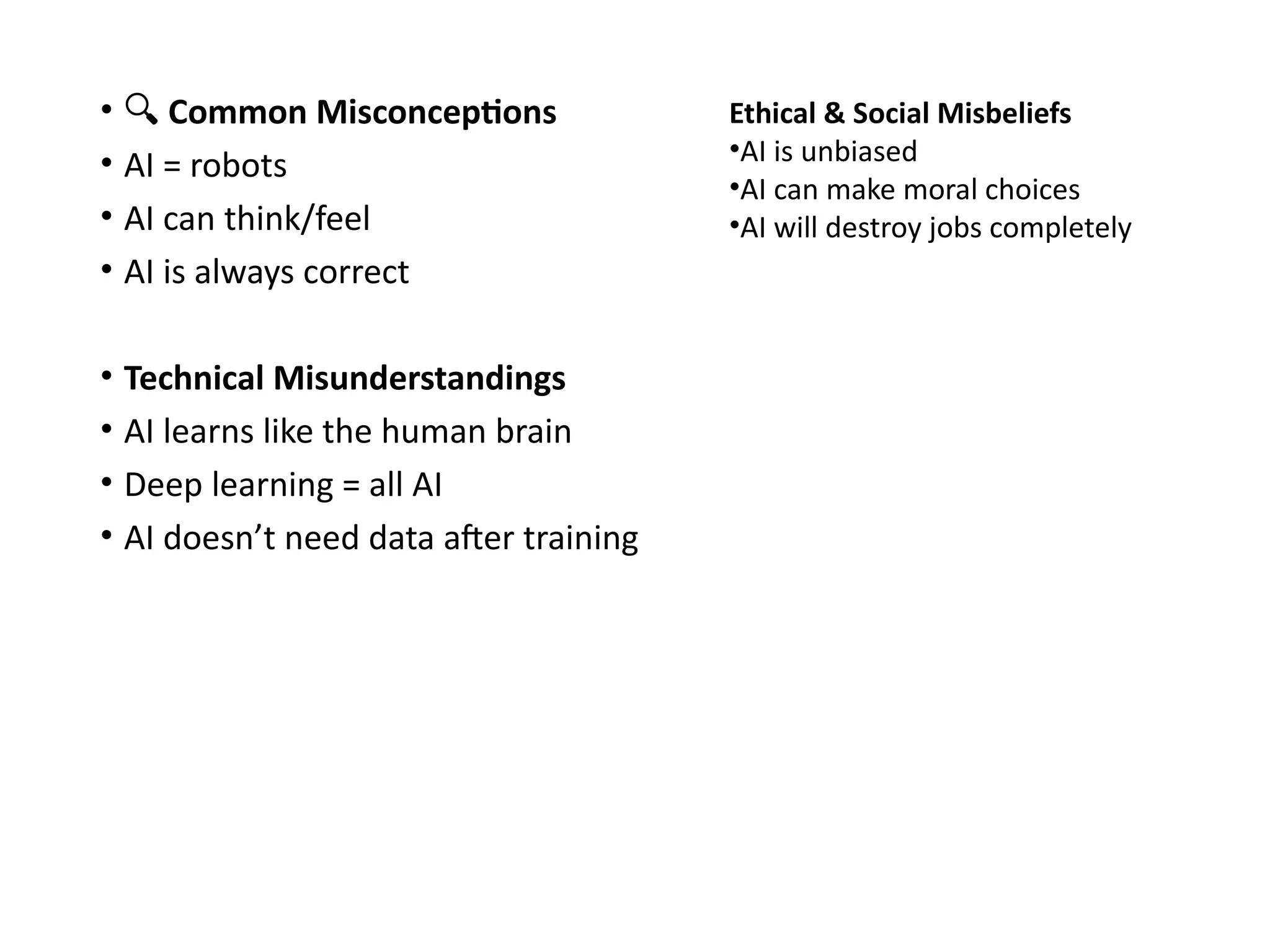 • 🔍 Common Misconceptions
• AI = robots
• AI can think/feel
• AI is always correct
• Technical Misunderstandings
• AI learns like the human brain
• Deep learning = all AI
• AI doesn’t need data after training
Ethical & Social Misbeliefs
•AI is unbiased
•AI can make moral choices
•AI will destroy jobs completely
 