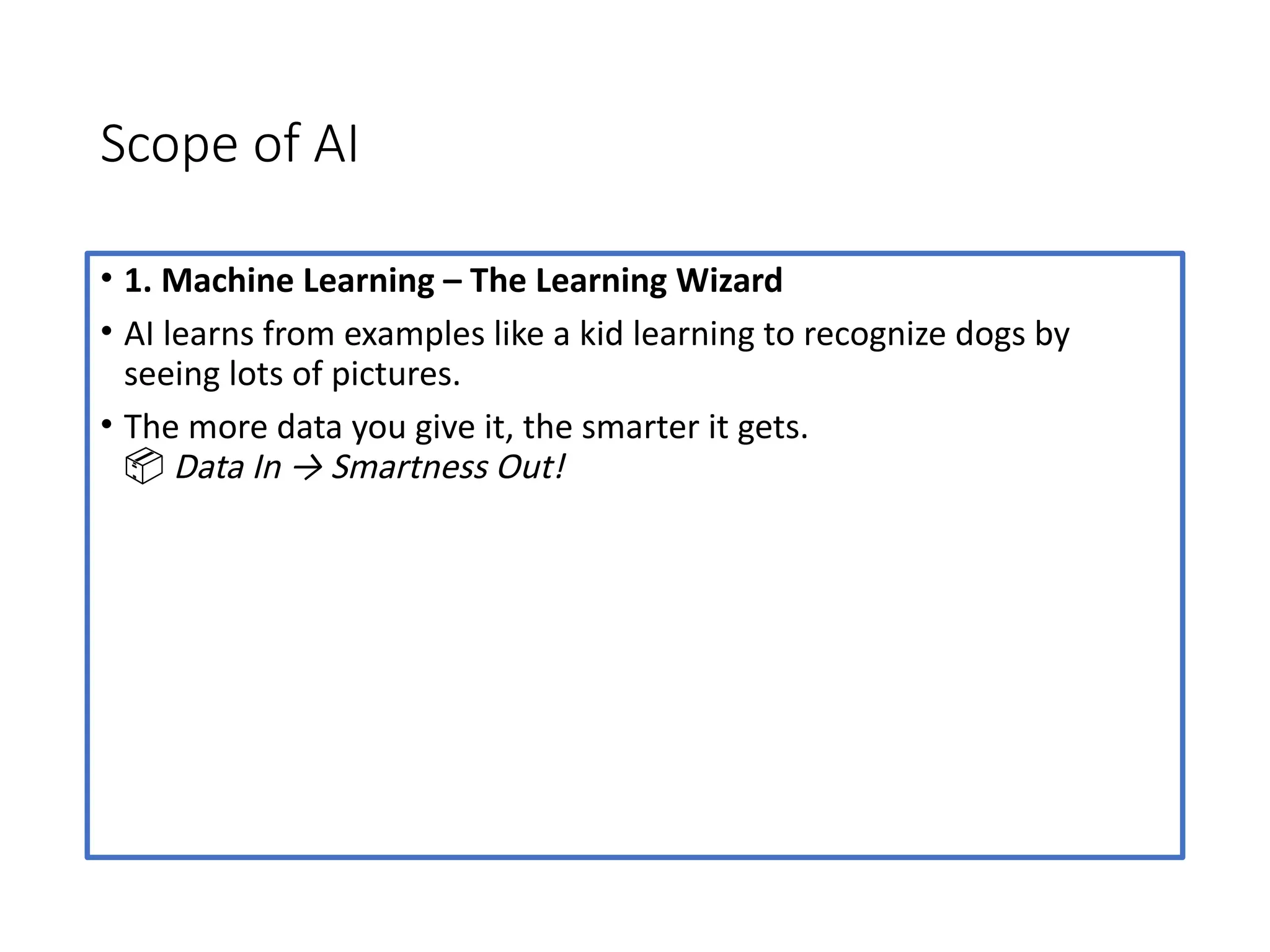 Scope of AI
• 1. Machine Learning – The Learning Wizard
• AI learns from examples like a kid learning to recognize dogs by
seeing lots of pictures.
• The more data you give it, the smarter it gets.
📦 Data In → Smartness Out!
 