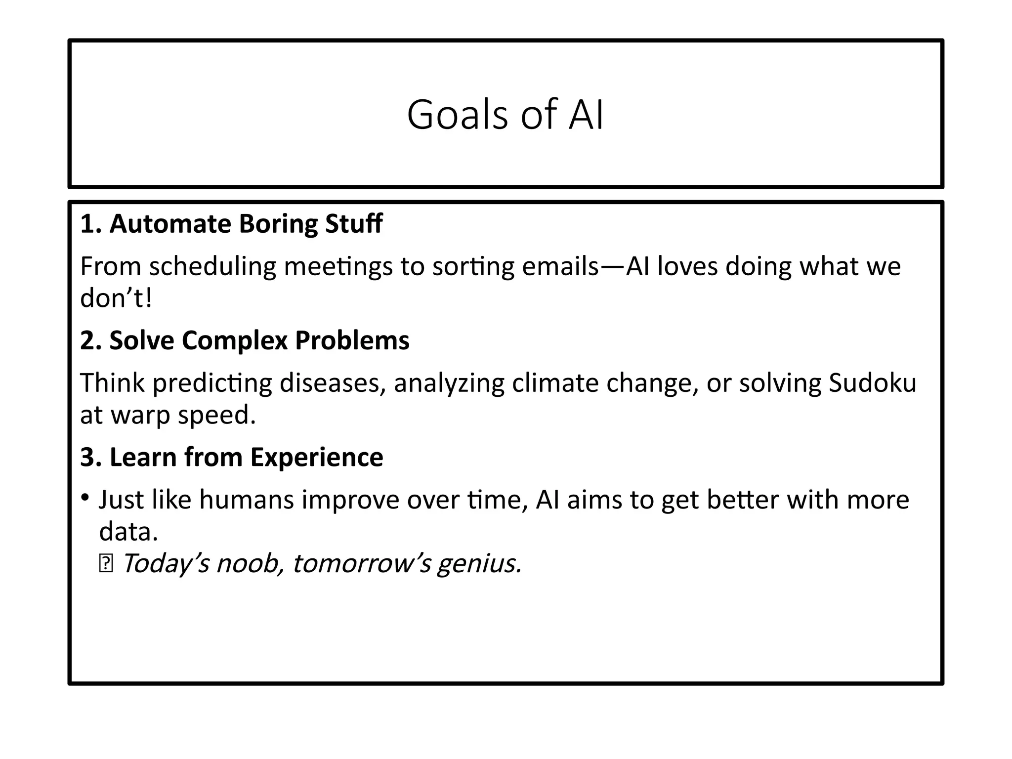 Goals of AI
1. Automate Boring Stuff
From scheduling meetings to sorting emails—AI loves doing what we
don’t!
2. Solve Complex Problems
Think predicting diseases, analyzing climate change, or solving Sudoku
at warp speed.
3. Learn from Experience
• Just like humans improve over time, AI aims to get better with more
data.
🧠 Today’s noob, tomorrow’s genius.
 