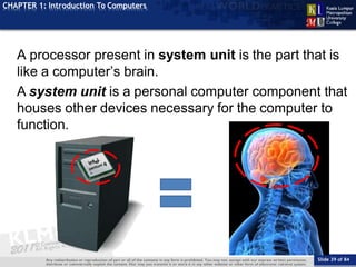 TOPIC
CHAPTER 1: Introduction To Computers
A processor present in system unit is the part that is
like a computer’s brain.
A system unit is a personal computer component that
houses other devices necessary for the computer to
function.
Slide 39 of 84
 