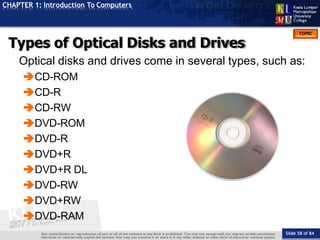 TOPIC
CHAPTER 1: Introduction To Computers
Types of Optical Disks and Drives
Optical disks and drives come in several types, such as:
CD-ROM
CD-R
CD-RW
DVD-ROM
DVD-R
DVD+R
DVD+R DL
DVD-RW
DVD+RW
DVD-RAM
Slide 58 of 84
 