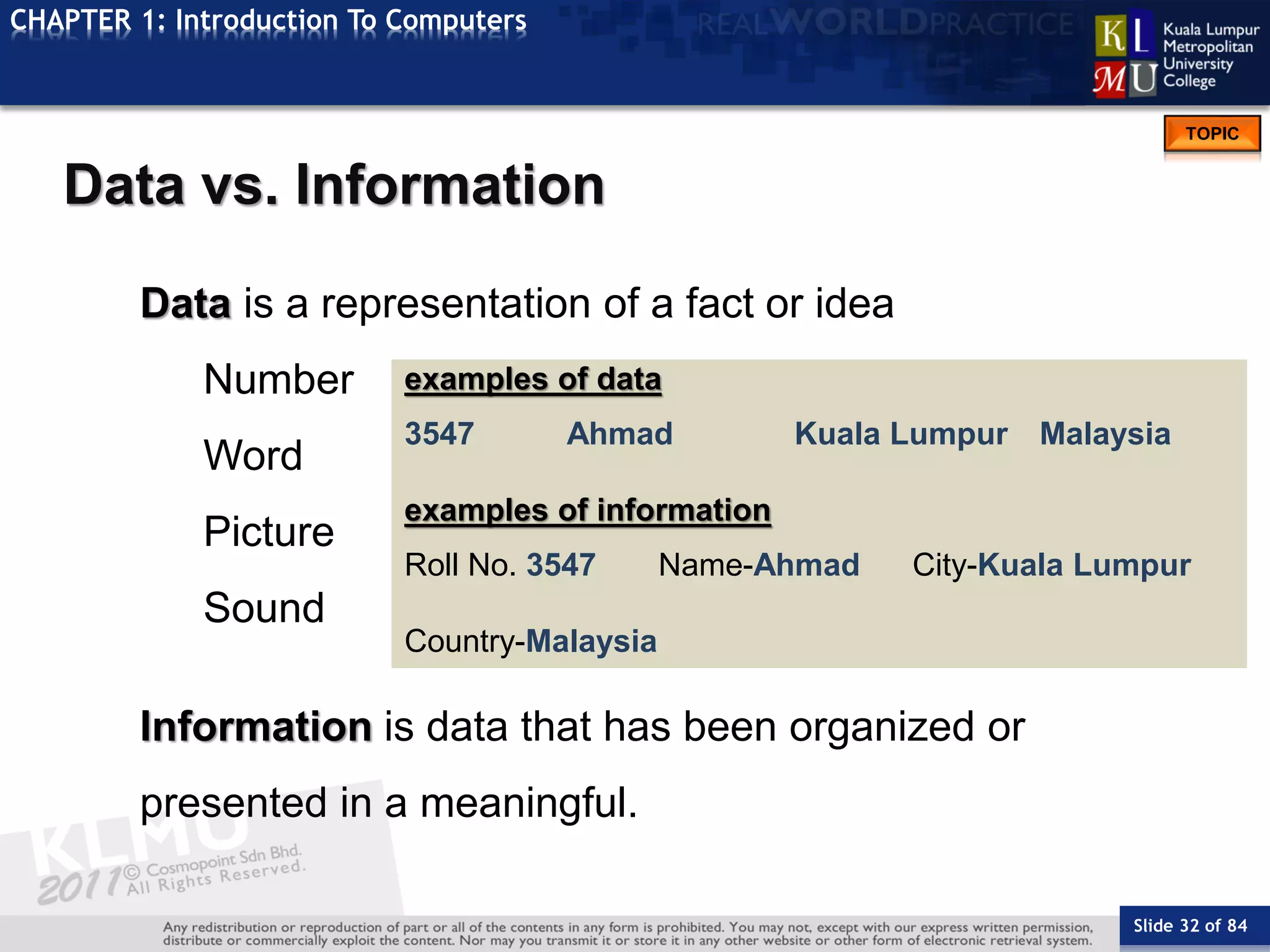 Slide 32 of 84
TOPIC
CHAPTER 1: Introduction To Computers
Data vs. Information
Data is a representation of a fact or idea
Number
Word
Picture
Sound
Information is data that has been organized or
presented in a meaningful.
examples of data
3547 Ahmad Kuala Lumpur Malaysia
examples of information
Roll No. 3547 Name-Ahmad City-Kuala Lumpur
Country-Malaysia
 