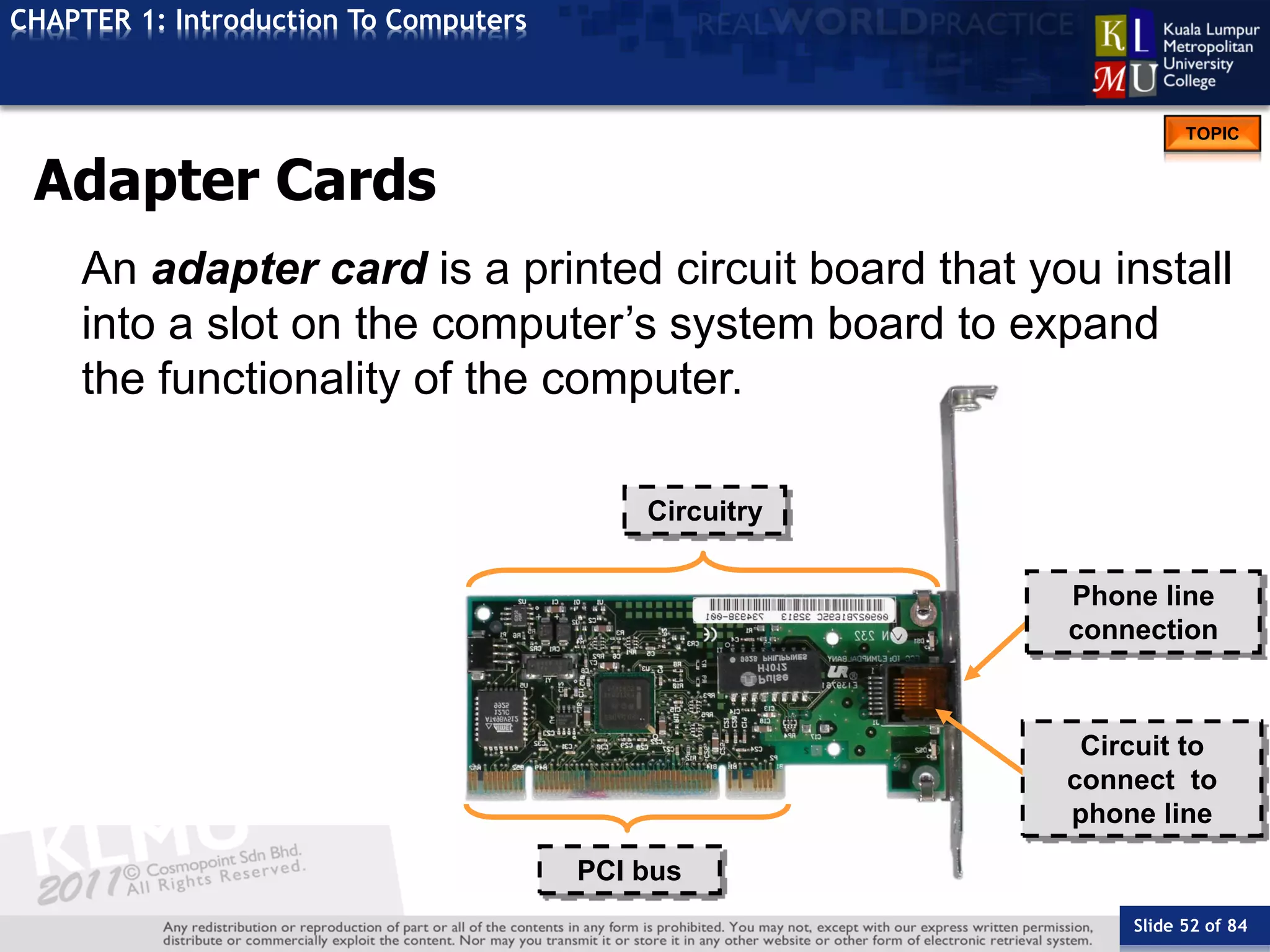 Slide 52 of 84
TOPIC
CHAPTER 1: Introduction To Computers
PCI bus
Circuitry
Adapter Cards
An adapter card is a printed circuit board that you install
into a slot on the computer’s system board to expand
the functionality of the computer.
Phone line
connection
Circuit to
connect to
phone line
 