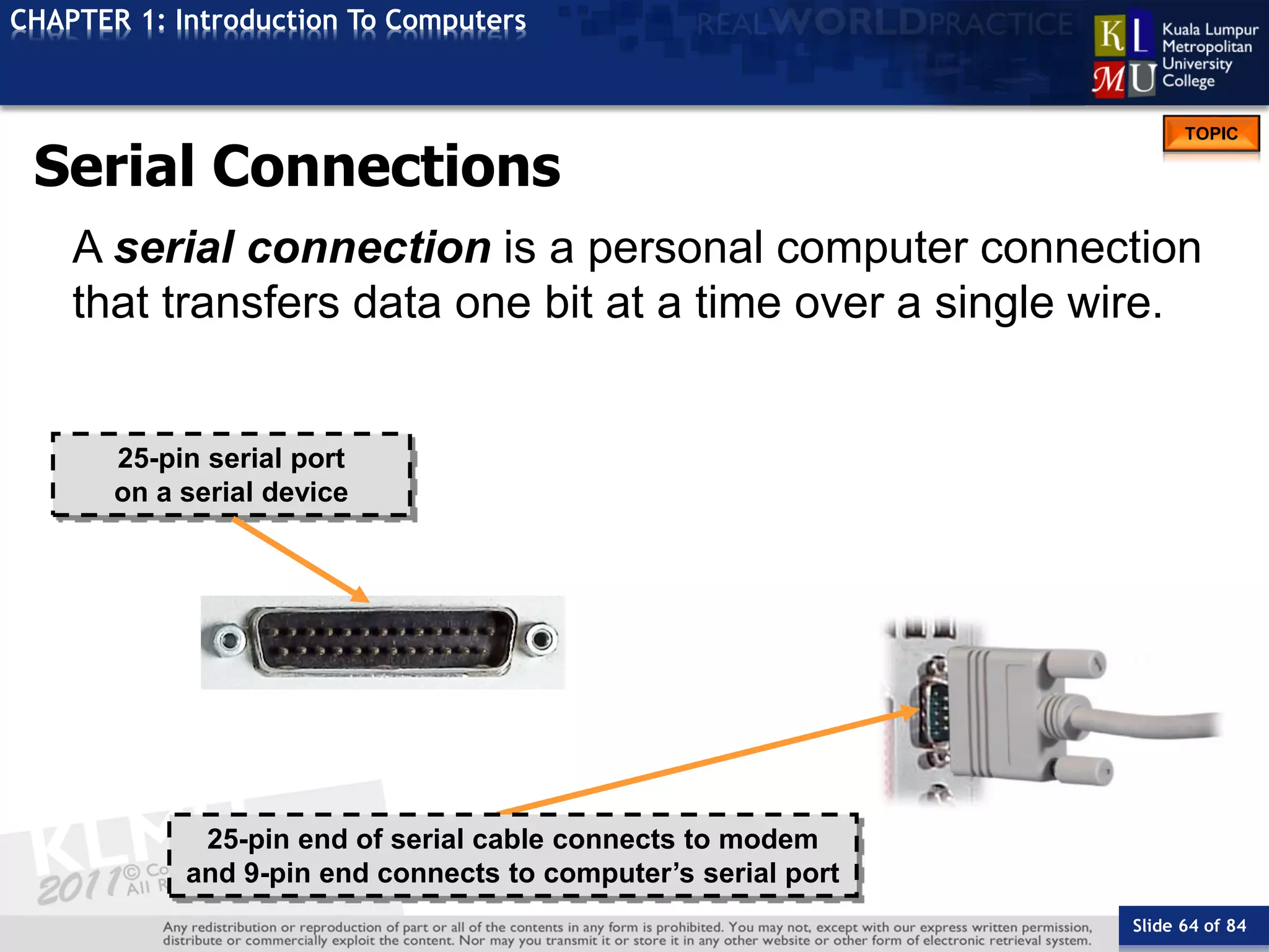 Slide 64 of 84
TOPIC
CHAPTER 1: Introduction To Computers
25-pin serial port
on a serial device
25-pin end of serial cable connects to modem
and 9-pin end connects to computer’s serial port
Serial Connections
A serial connection is a personal computer connection
that transfers data one bit at a time over a single wire.
 