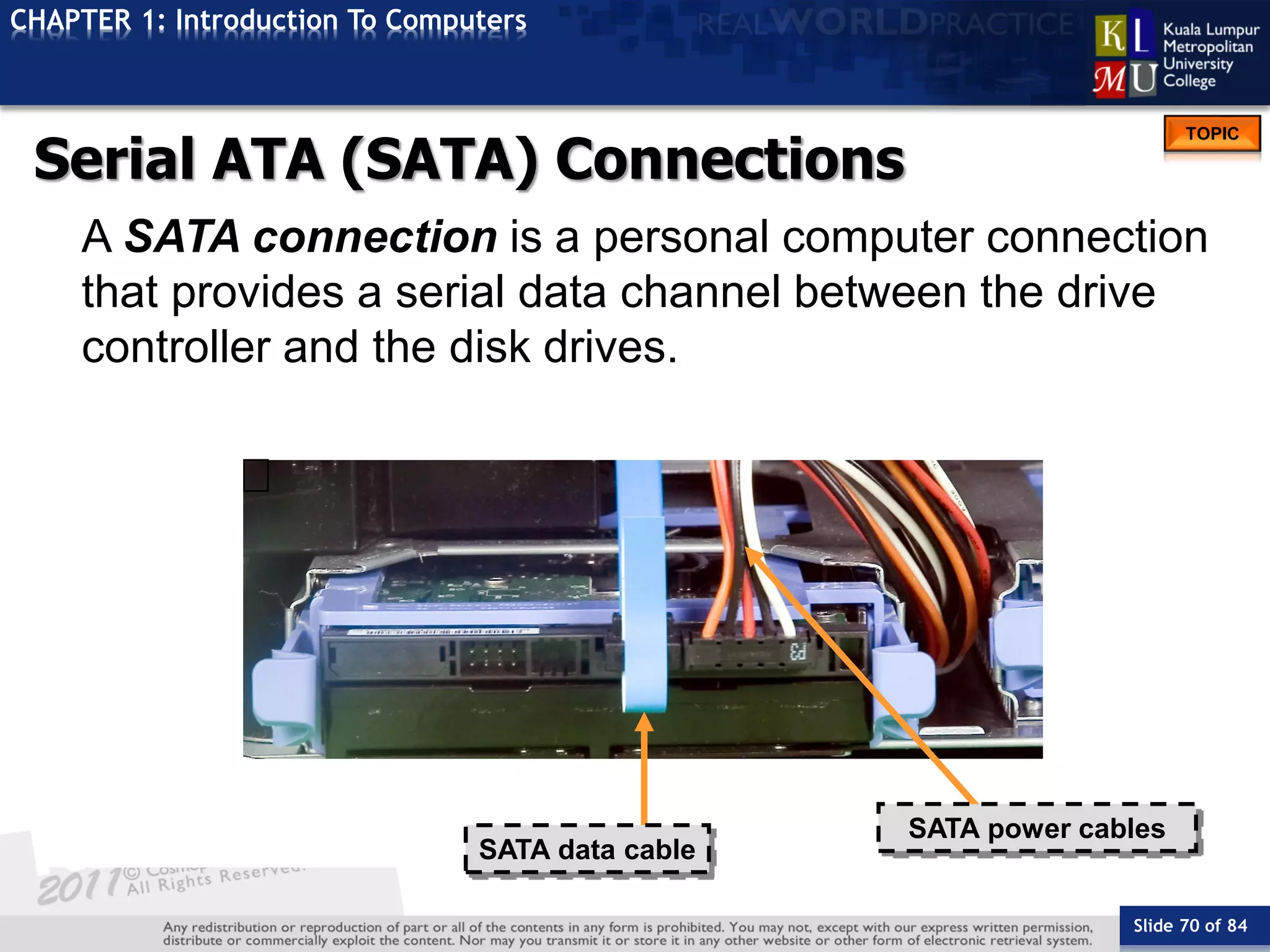 Slide 70 of 84
TOPIC
CHAPTER 1: Introduction To Computers
SATA data cable
SATA power cables
Serial ATA (SATA) Connections
A SATA connection is a personal computer connection
that provides a serial data channel between the drive
controller and the disk drives.
 