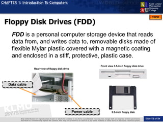 Slide 55 of 84
TOPIC
CHAPTER 1: Introduction To Computers
Front view 3.5-inch floppy disk drive
3.5-inch floppy disk
Rear view of floppy disk drive
Data cable
Power cable
Floppy Disk Drives (FDD)
FDD is a personal computer storage device that reads
data from, and writes data to, removable disks made of
flexible Mylar plastic covered with a magnetic coating
and enclosed in a stiff, protective, plastic case.
 