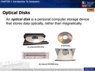Slide 57 of 84
TOPIC
CHAPTER 1: Introduction To Computers
An internal CD-ROM drive
An external DVD drive
A CD-R disc
Optical Disks
An optical disk is a personal computer storage device
that stores data optically, rather than magnetically.
 