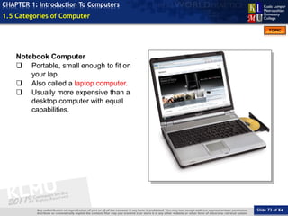 Slide 73 of 84
TOPIC
CHAPTER 1: Introduction To Computers
Notebook Computer
 Portable, small enough to fit on
your lap.
 Also called a laptop computer.
 Usually more expensive than a
desktop computer with equal
capabilities.
1.5 Categories of Computer
 