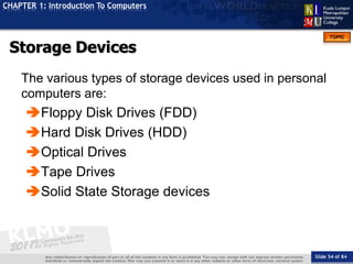 Slide 54 of 84
TOPIC
CHAPTER 1: Introduction To Computers
Storage Devices
The various types of storage devices used in per...