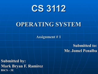 CS 3112 OPERATING SYSTEM Assignment # 1 Submitted to: Mr. Jomel Penalba Submitted by: Mark Bryan F. Ramirez BSCS – 3E 