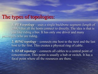The types of topologies: 1.   BUS topology  – uses a single backbone segment (length of  cable) that all the hosts connect to directly. The idea is that is  just like riding a bus. It has only one driver and many  passengers who are riding. 2.   RING topology  – connects one host to the next and the last  host to the first. This creates a physical ring of cable.  3.   STAR topology  – connects all cables to a central point of  concentration. This point is usually a hub or switch. It has a  focal point where all the resources are there.   