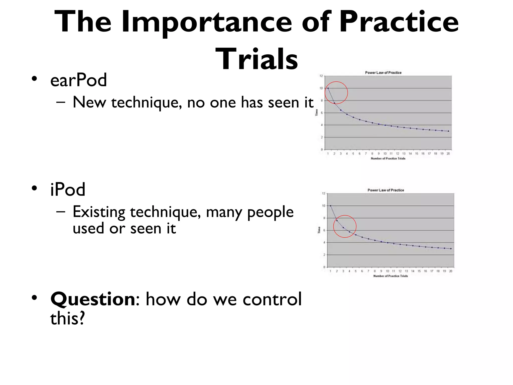 The Importance of Practice
           Trials
• earPod
  – New technique, no one has seen it




• iPod
  – Existing technique, many people
    used or seen it



• Question: how do we control
  this?
 