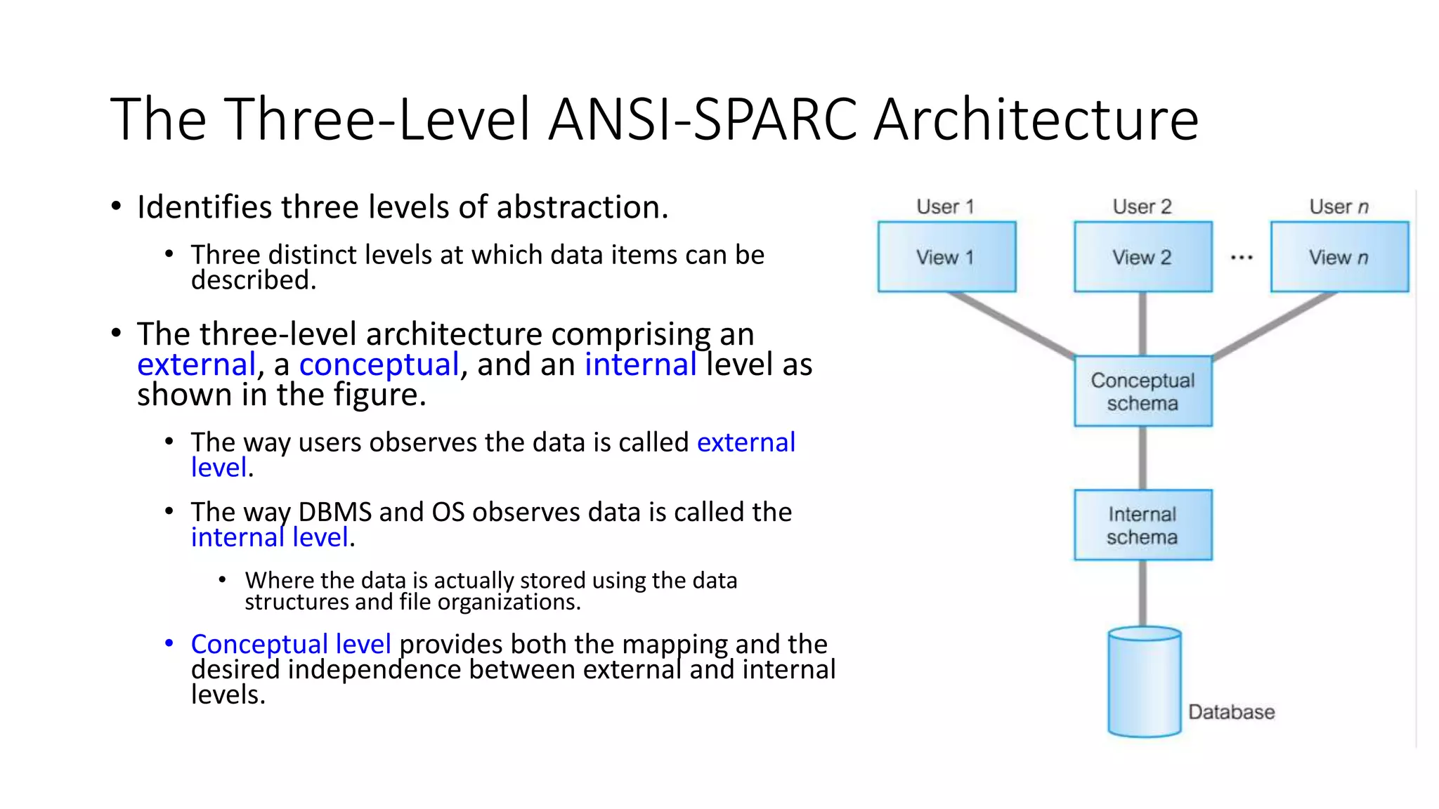 The Three-Level ANSI-SPARC Architecture • Identifies three levels of abstraction. • Three distinct levels at which data items can be described. • The three-level architecture comprising an external, a conceptual, and an internal level as shown in the figure. • The way users observes the data is called external level. • The way DBMS and OS observes data is called the internal level. • Where the data is actually stored using the data structures and file organizations. • Conceptual level provides both the mapping and the desired independence between external and internal levels. 
