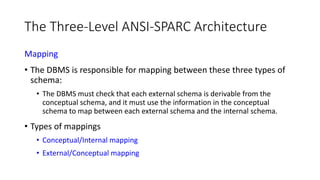The Three-Level ANSI-SPARC Architecture
Mapping
• The DBMS is responsible for mapping between these three types of
schema:
• The DBMS must check that each external schema is derivable from the
conceptual schema, and it must use the information in the conceptual
schema to map between each external schema and the internal schema.
• Types of mappings
• Conceptual/Internal mapping
• External/Conceptual mapping
 