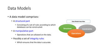 Data Models
• A data model comprises:
• A structural part
• Consisting of a set of rules according to which
databases can be constructed.
• A manipulative part
• Operations that are allowed on the data.
• Possibly a set of integrity rules
• Which ensures that the data is accurate.
Structure Constraints
Operations
Data Model describes
 