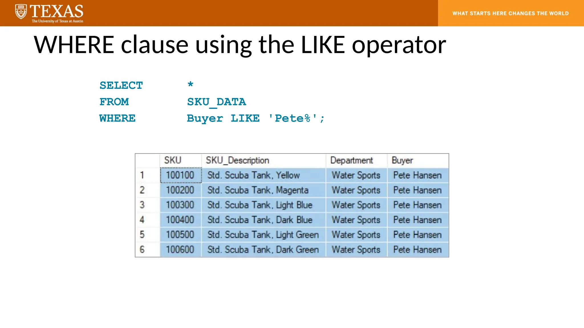 WHERE clause using the LIKE operator
SELECT *
FROM SKU_DATA
WHERE Buyer LIKE 'Pete%';
 