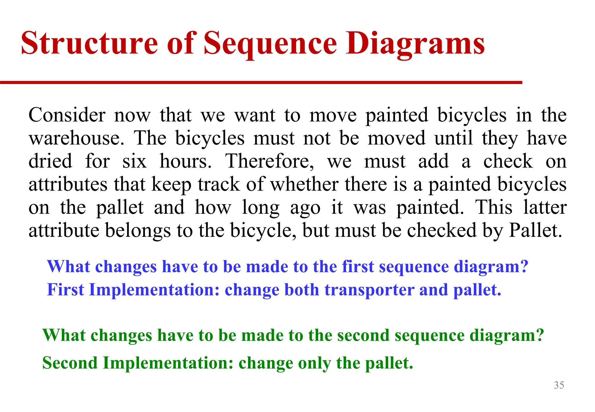 35
Consider now that we want to move painted bicycles in the
warehouse. The bicycles must not be moved until they have
dried for six hours. Therefore, we must add a check on
attributes that keep track of whether there is a painted bicycles
on the pallet and how long ago it was painted. This latter
attribute belongs to the bicycle, but must be checked by Pallet.
What changes have to be made to the first sequence diagram?
First Implementation: change both transporter and pallet.
Structure of Sequence Diagrams
What changes have to be made to the second sequence diagram?
Second Implementation: change only the pallet.
 