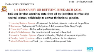 DATA SCIENCE PROCESS
CS 3351 FOUNDATIONS OF DATA SCIENCE DR.G.U.POPE COLLEGE OF ENGINEERING
1.4 DISCOVERY OR DEFINING RESEARCH GOAL
This step involves acquiring data from all the identified internal and
external sources, which helps to answer the business question.
1.Learning Business Domain - Understand the industry/domain context of the problem
2.Resources - Technology & Tools,Systems & Infrastructure,Data ,Team/People
3.Frame the Problem - Define a clear problem statement
4.Identify Stakeholders - List those impacted, involved, or benefited
5.Interview Analytics Sponsor - Sponsor = funding / high-level requirement provider
6.Develop Initial Hypotheses - Form testable hypotheses for investigation
7.Identify Data Sources - Check type, volume, and timespan of data
UNIT 1 : INTRODUCTION
 