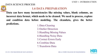DATA SCIENCE PROCESS
CS 3351 FOUNDATIONS OF DATA SCIENCE DR.G.U.POPE COLLEGE OF ENGINEERING
1.6 DATA PREPARATION
Data can have many inconsistencies like missing values, blank columns, an
incorrect data format, which needs to be cleaned. We need to process, explore
and condition data before modeling. The cleandata, gives the better
predictions.
1.Data Cleaning
2.Outlier Detection
3.Handling Missing Values
4.Handling Noisy Data
5.Correct Errors Early
6.Combine Data
7.Transform Data
UNIT 1 : INTRODUCTION
 