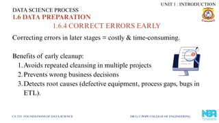Correcting errors in later stages = costly & time-consuming.
Benefits of early cleanup:
1.Avoids repeated cleansing in multiple projects
2.Prevents wrong business decisions
3.Detects root causes (defective equipment, process gaps, bugs in
ETL).
DATA SCIENCE PROCESS
CS 3351 FOUNDATIONS OF DATA SCIENCE DR.G.U.POPE COLLEGE OF ENGINEERING
1.6 DATA PREPARATION
1.6.4 CORRECT ERRORS EARLY
UNIT 1 : INTRODUCTION
 