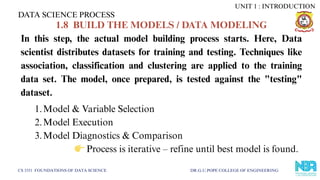 DATA SCIENCE PROCESS
CS 3351 FOUNDATIONS OF DATA SCIENCE DR.G.U.POPE COLLEGE OF ENGINEERING
1.8 BUILD THE MODELS / DATA MODELING
In this step, the actual model building process starts. Here, Data
scientist distributes datasets for training and testing. Techniques like
association, classification and clustering are applied to the training
data set. The model, once prepared, is tested against the "testing"
dataset.
1.Model & Variable Selection
2.Model Execution
3.Model Diagnostics & Comparison
8Process is iterative – refine until best model is found.
UNIT 1 : INTRODUCTION
 