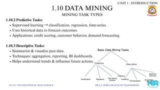 1.10.2 Predictive Tasks:
Supervised learning →classification, regression, time-series.
Uses historical data to forecast outcomes.
Applications: credit scoring, customer behavior, demand forecasting.
1.10.3 Descriptive Tasks:
Summarize & visualize past data.
Techniques: aggregation, reporting, BI dashboards.
Helps understand trends & influence future actions.
1.10 DATA MINING
CS 3351 FOUNDATIONS OF DATA SCIENCE DR.G.U.POPE COLLEGE OF ENGINEERING
MINING TASK TYPES
UNIT 1 : INTRODUCTION
 