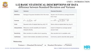 CS 3351 FOUNDATIONS OF DATA SCIENCE DR.G.U.POPE COLLEGE OF ENGINEERING
difference between Standard Deviation and Variance
UNIT 1 : INTRODUCTION
1.12 BASIC STATISTICAL DESCRIPTIONS OF DATA
 