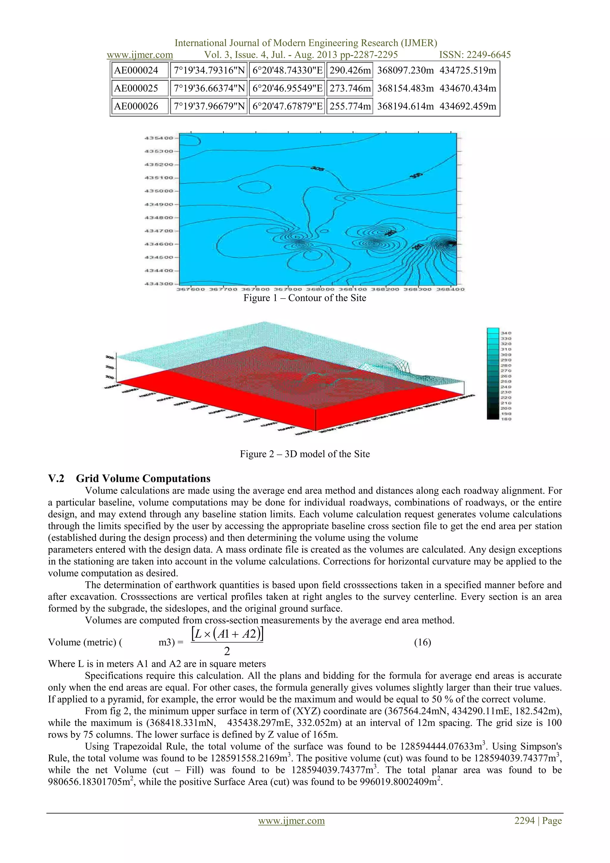 International Journal of Modern Engineering Research (IJMER)
www.ijmer.com Vol. 3, Issue. 4, Jul. - Aug. 2013 pp-2287-2295 ISSN: 2249-6645
www.ijmer.com 2294 | Page
Figure 1 – Contour of the Site
Figure 2 – 3D model of the Site
V.2 Grid Volume Computations
Volume calculations are made using the average end area method and distances along each roadway alignment. For
a particular baseline, volume computations may be done for individual roadways, combinations of roadways, or the entire
design, and may extend through any baseline station limits. Each volume calculation request generates volume calculations
through the limits specified by the user by accessing the appropriate baseline cross section file to get the end area per station
(established during the design process) and then determining the volume using the volume
parameters entered with the design data. A mass ordinate file is created as the volumes are calculated. Any design exceptions
in the stationing are taken into account in the volume calculations. Corrections for horizontal curvature may be applied to the
volume computation as desired.
The determination of earthwork quantities is based upon field crosssections taken in a specified manner before and
after excavation. Crosssections are vertical profiles taken at right angles to the survey centerline. Every section is an area
formed by the subgrade, the sideslopes, and the original ground surface.
Volumes are computed from cross-section measurements by the average end area method.
Volume (metric) ( m3) =
  
2
21 AAL 
(16)
Where L is in meters A1 and A2 are in square meters
Specifications require this calculation. All the plans and bidding for the formula for average end areas is accurate
only when the end areas are equal. For other cases, the formula generally gives volumes slightly larger than their true values.
If applied to a pyramid, for example, the error would be the maximum and would be equal to 50 % of the correct volume.
From fig 2, the minimum upper surface in term of (XYZ) coordinate are (367564.24mN, 434290.11mE, 182.542m),
while the maximum is (368418.331mN, 435438.297mE, 332.052m) at an interval of 12m spacing. The grid size is 100
rows by 75 columns. The lower surface is defined by Z value of 165m.
Using Trapezoidal Rule, the total volume of the surface was found to be 128594444.07633m3
. Using Simpson's
Rule, the total volume was found to be 128591558.2169m3
. The positive volume (cut) was found to be 128594039.74377m3
,
while the net Volume (cut – Fill) was found to be 128594039.74377m3
. The total planar area was found to be
980656.18301705m2
, while the positive Surface Area (cut) was found to be 996019.8002409m2
.
AE000024 7°19'34.79316"N 6°20'48.74330"E 290.426m 368097.230m 434725.519m
AE000025 7°19'36.66374"N 6°20'46.95549"E 273.746m 368154.483m 434670.434m
AE000026 7°19'37.96679"N 6°20'47.67879"E 255.774m 368194.614m 434692.459m
 