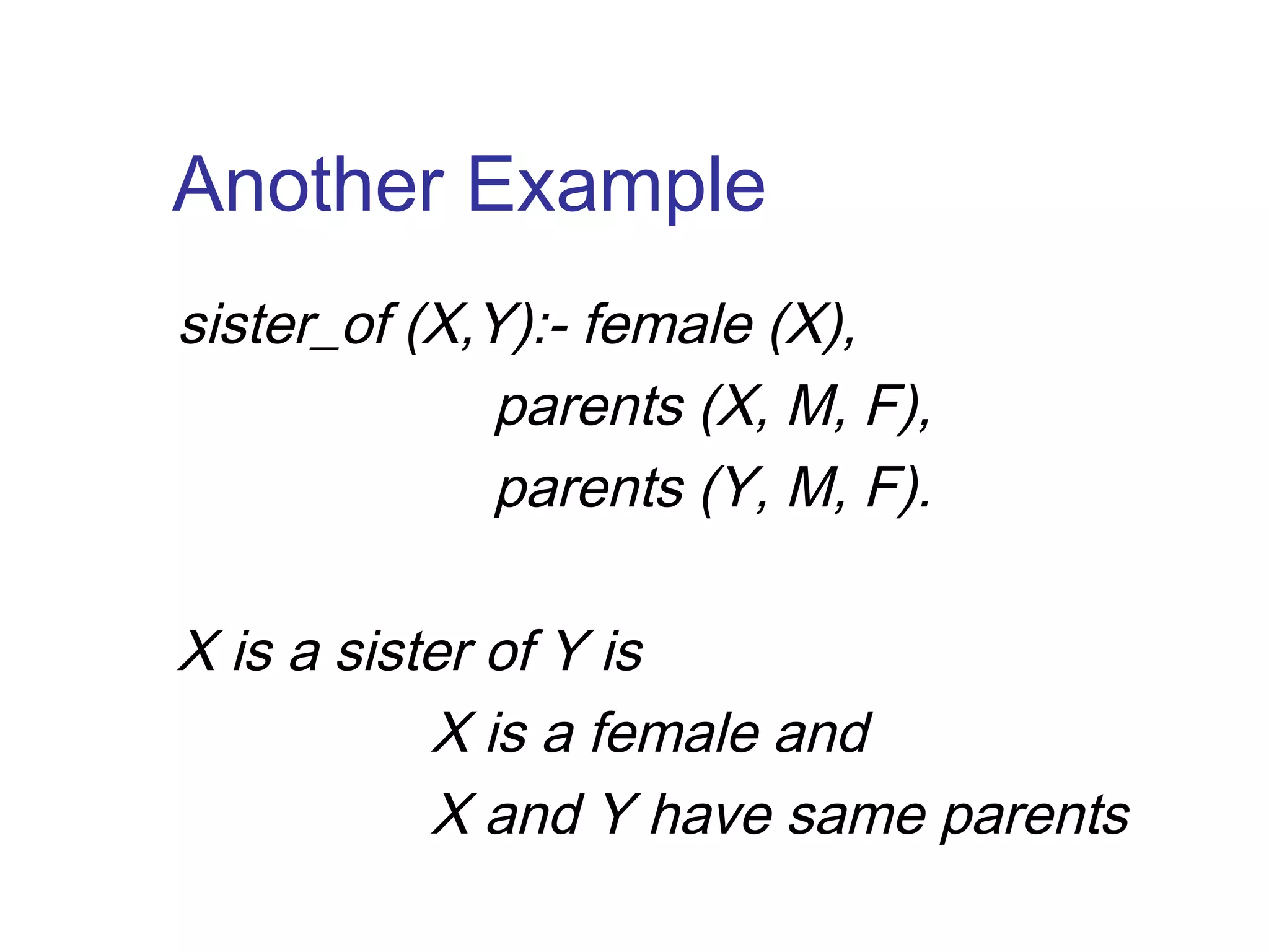 Another Example
sister_of (X,Y):- female (X),
parents (X, M, F),
parents (Y, M, F).
X is a sister of Y is
X is a female and
X and Y have same parents

 