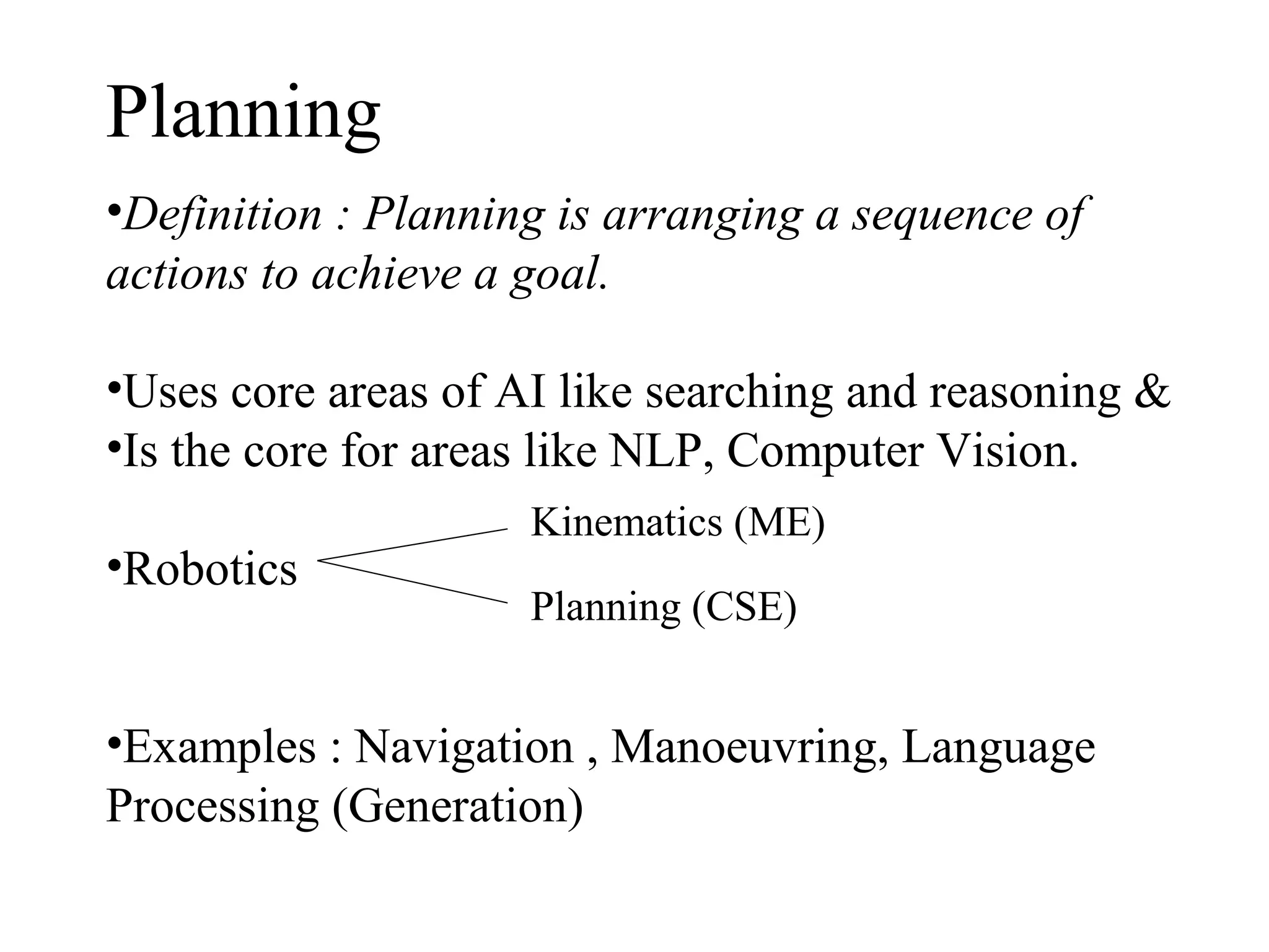Planning
•Definition : Planning is arranging a sequence of
actions to achieve a goal.
•Uses core areas of AI like searching and reasoning &
•Is the core for areas like NLP, Computer Vision.
•Robotics

Kinematics (ME)
Planning (CSE)

•Examples : Navigation , Manoeuvring, Language
Processing (Generation)

 
