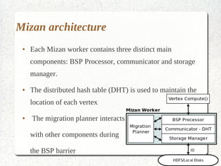 Mizan architecture
 ●   Each Mizan worker contains three distinct main
     components: BSP Processor, communicator and storage
     manager.
 ●   The distributed hash table (DHT) is used to maintain the
     location of each vertex
 ●   The migration planner interacts

     with other components during

     the BSP barrier
 