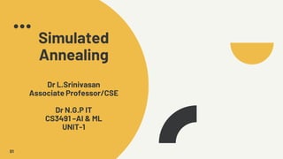 Simulated
Annealing
Dr L.Srinivasan
Associate Professor/CSE
Dr N.G.P IT
CS3491 –AI & ML
UNIT-1
01
 