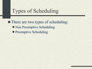 Types of Scheduling There are two types of scheduling: Non Preemptive Scheduling Preemptive Scheduling 
