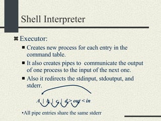 Shell Interpreter Executor:  Creates new process for each entry in the command table.  It also creates pipes to  communicate the output of one process to the input of the next one. Also it redirects the stdinput, stdoutput, and stderr. A  |  b  |  c  |  d > out < in All pipe entries share the same stderr 